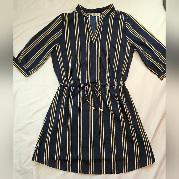 Blush Womens Blue & Yellow Striped Short 3/4 Sleeve Lightweight Dress Sz Medium - Picture 1 of 13